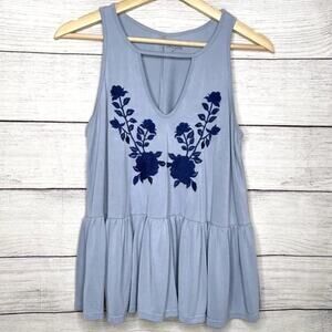 Alya Modal Blend Blue Keyhole Cutout Embroidered Tank Top S